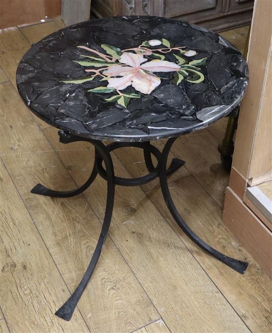 A circular faux marble occasional table on wrought iron base Diam.60cm